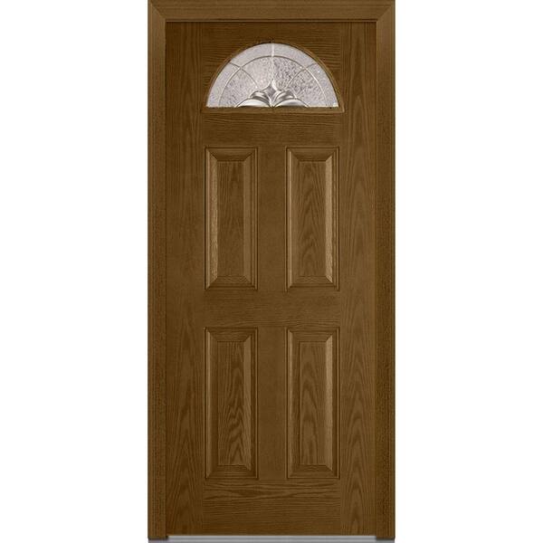 MMI Door 36 in. x 80 in. Heirloom Master Left-Hand Inswing 1/4-Lite Decorative 4-Panel Stained Fiberglass Oak Prehung Front Door
