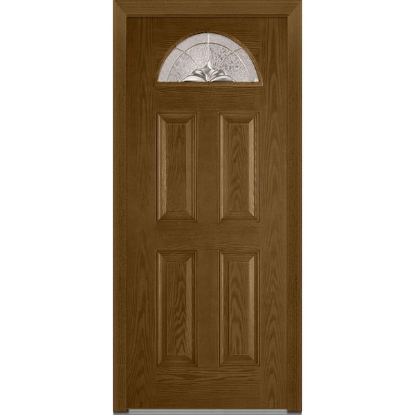 MMI Door 36 in. x 80 in. Heirloom Master Right-Hand Inswing 1/4-Lite Decorative 4-Panel Stained Fiberglass Oak Prehung Front Door