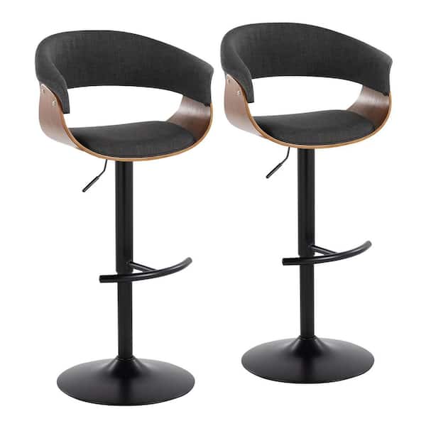 Lumisource Vintage Mod 32 in. Charcoal Fabric, Walnut Wood and Black Metal Adjustable Bar Stool Rounded T Footrest (Set of 2)