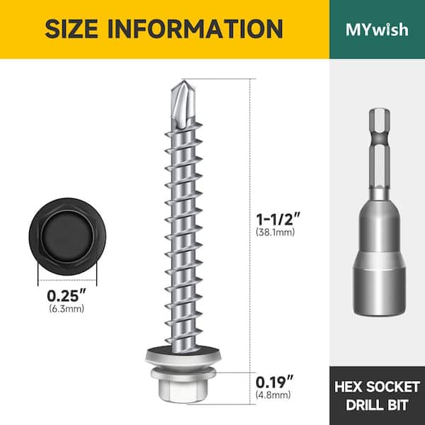 #10 x 1-1/2 in. Black Galvanized Hex Head Self Drilling Metal Roofing Screws with EPDM Rubber Washer (100-Pack)