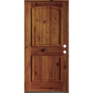 30 in. x 80 in. Rustic Knotty Alder Arch Top V-Grooved Red Chestnut Stain Left-Hand Wood Single Prehung Front Door