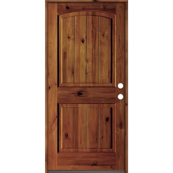 Krosswood Doors 36 in. x 80 in. Rustic Knotty Alder Arch Top V-Grooved Red Chestnut Stain Left-Hand Wood Single Prehung Front Door