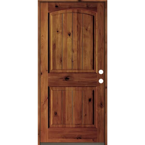 Krosswood Doors 42 in. x 80 in. Rustic Knotty Alder Arch Top V-Grooved Red Chestnut Stain Left-Hand Wood Single Prehung Front Door