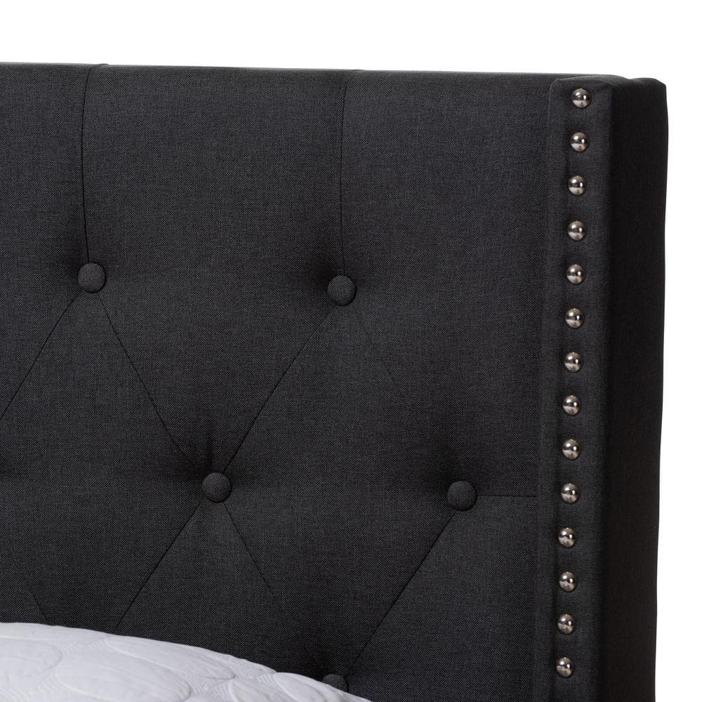 Charcoal Gray Upholstered Queen Bed with Tufted Headboard and Nailhead Trim
