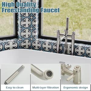 3-Handle Freestanding Floor Mount Roman Industrial Style Tub Faucet Bathtub Filler With Hand Shower In Brushed Nickel