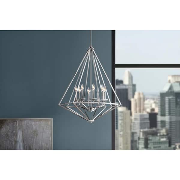 Hubley 8-Light Triangular Polished Chrome Chandelier Light Fixture with Metal Cage Shade