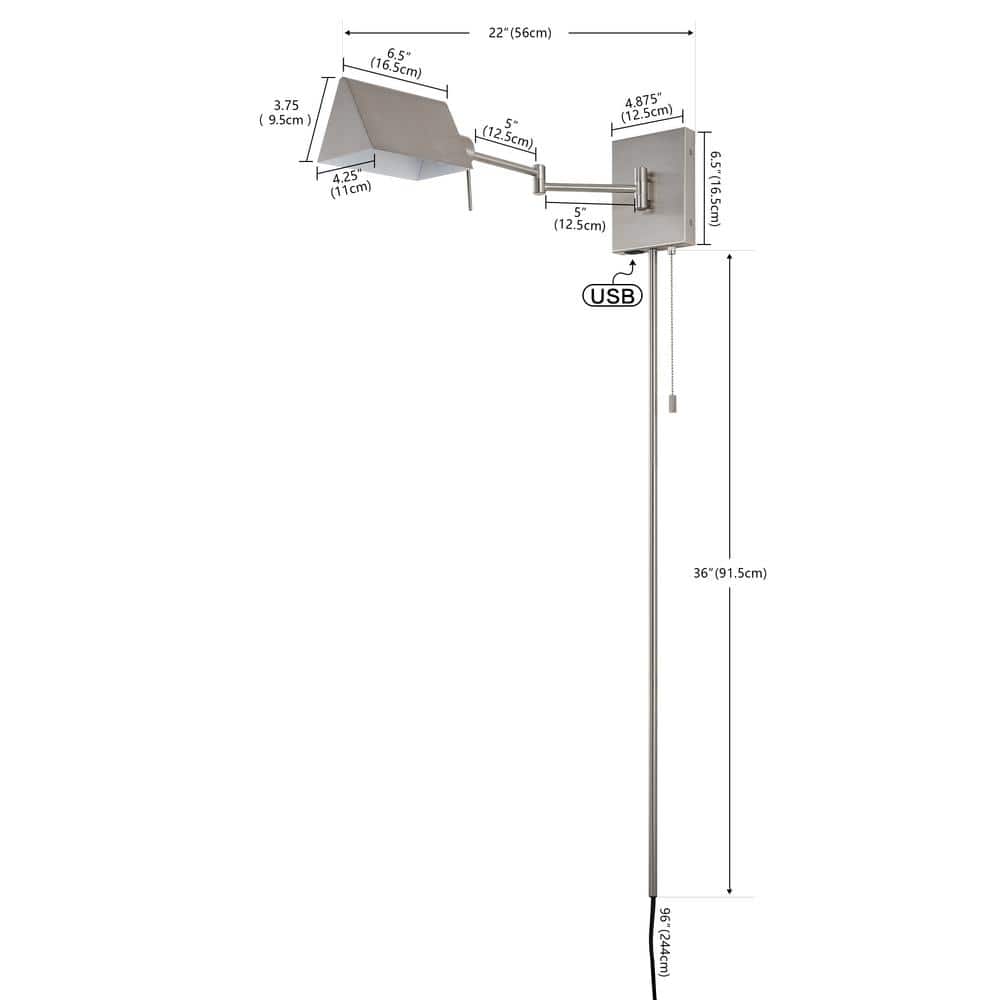 Nickel 22" Dimmable Swing Arm Wall Sconce with USB Port