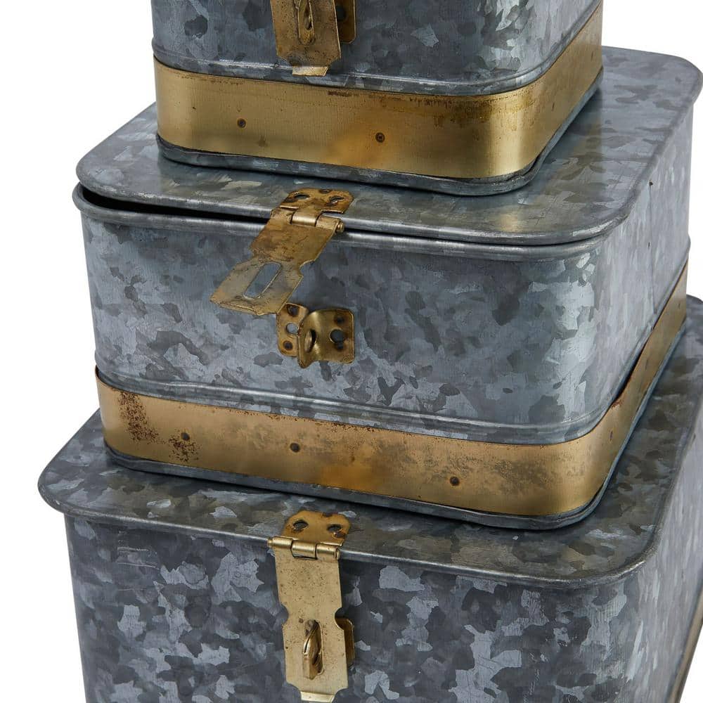 Rustic Galvanized Metal Lidded Storage Boxes with Brass Accents