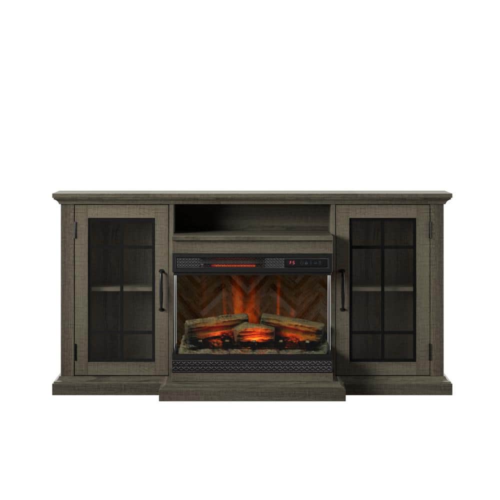 Saw Cut Oak TV Stand with Panorama Electric Fireplace and Glass Cabinets