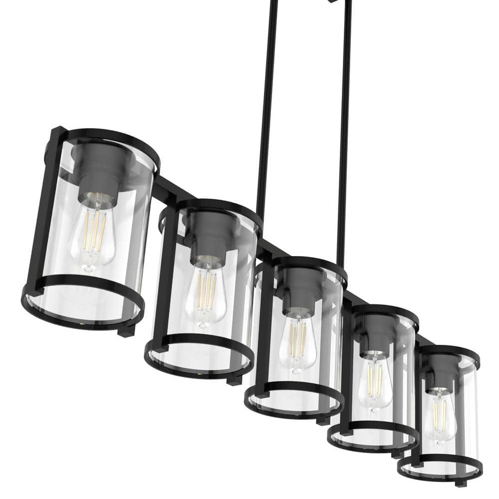 Matte Black Linear Chandelier with Clear Glass Shades