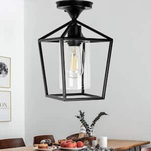 7 in. 1-Light Black Semi Flush Mount Ceiling Light,Farmhouse Retro Cage Kitchen Lighting Fixtures with Glass Shade