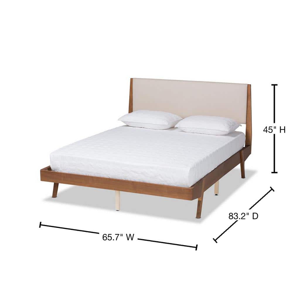 Beige Upholstered Queen Bed with Walnut Wood Frame