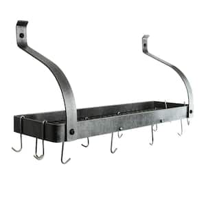 Handcrafted 36 in. Gourmet Bookshelf Wall Rack with Curved Arm with 12-Hooks Hammered Steel