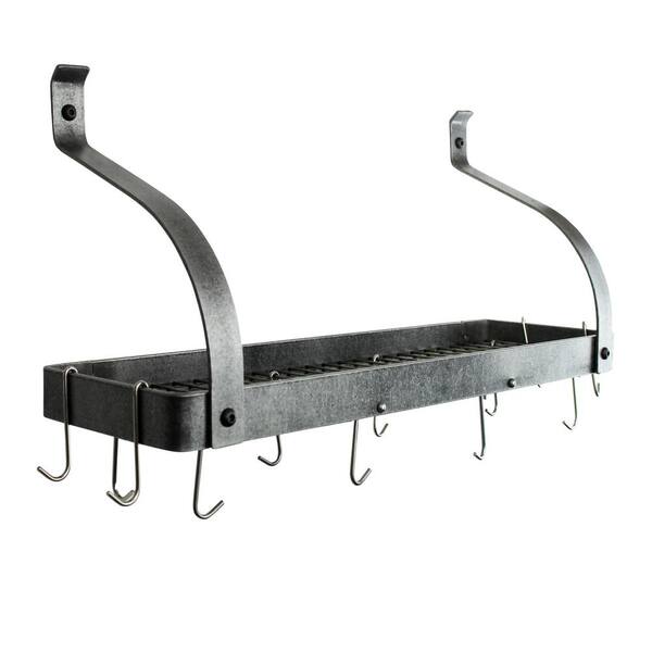Enclume Handcrafted 36 in. Gourmet Bookshelf Wall Rack with Curved Arm with 12-Hooks Hammered Steel