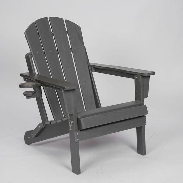 Gray Folding Plastic Adirondack Chairs(Set of 1) with Cup Holder
