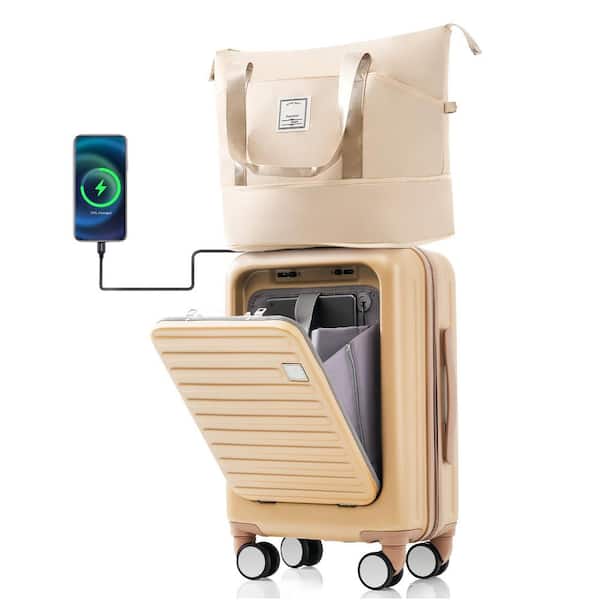 Merax Front Opening 2-Piece Champagne 20 in. ABS Hardshell Spinner Luggage Set Expandable Travel Bag, USB Ports,Cup Holder