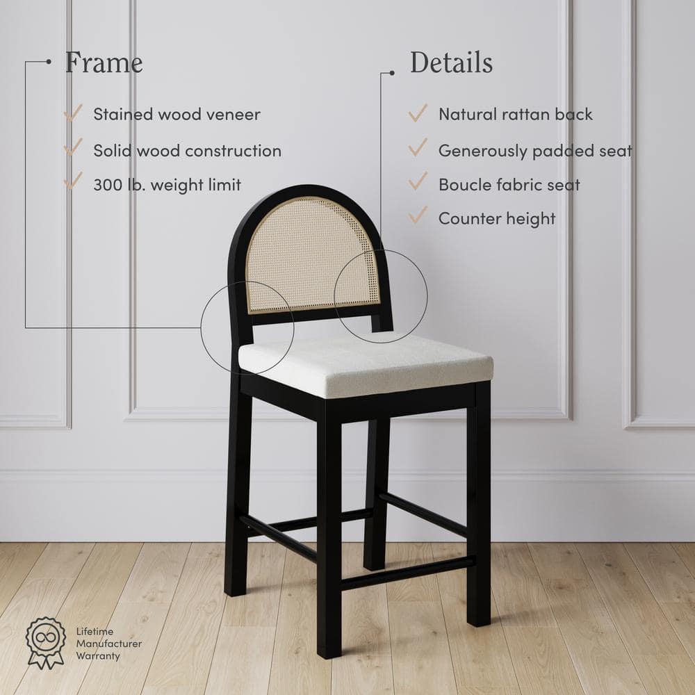 Bailey Black Wood and Rattan Counter Height Barstool