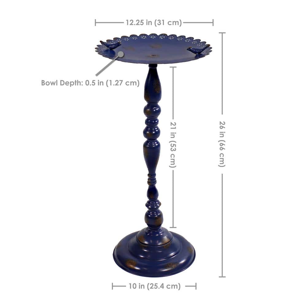 Vintage Blue Iron Pedestal Bird Feeder with Scalloped Edges