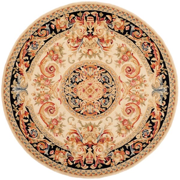 Savonnerie 8 ft. x 8 ft. Round Ivory/Gold Oriental Area Rug