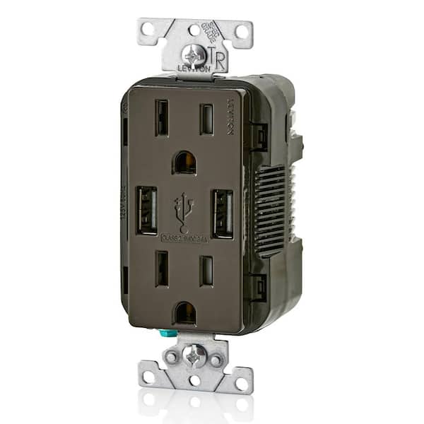 Leviton 3.6A USB Dual Type A In-Wall Charger with 15 Amp Tamper-Resistant Outlets, Brown Leviton 3.6A USB Dual Type A In-Wall Charger with 15 Amp Tamper-Resistant Outlets, Brown
