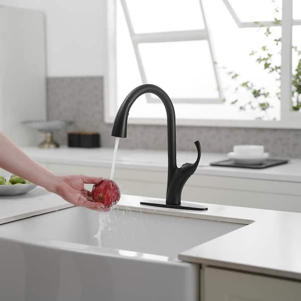 Single Handle Deck Mount Pull Down Sprayer Kitchen Faucet in Matte Black