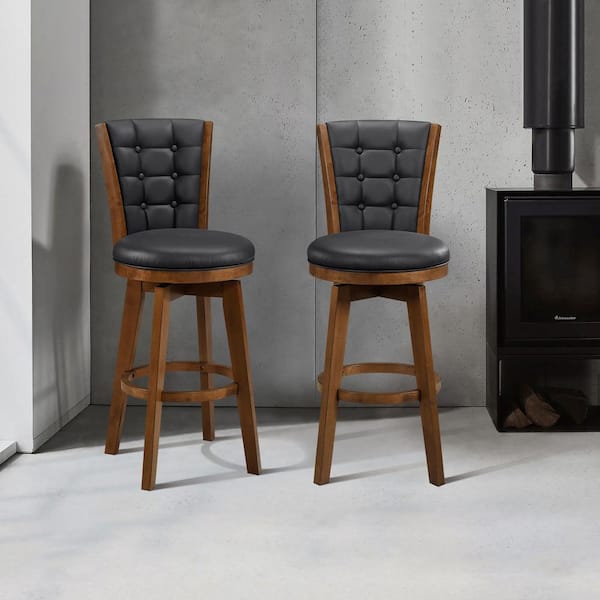 Brielle 30 In. Chestnut Finish High Back Wood Swivel Bar Height Stool with Black Faux Leather Seat (Set of 2)
