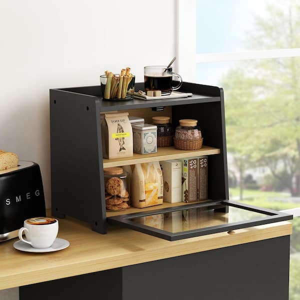 1 Piece Black Wood Bread Box for Kitchen Countertop, Large Storage Container for Homemade Bread for Counter Corner