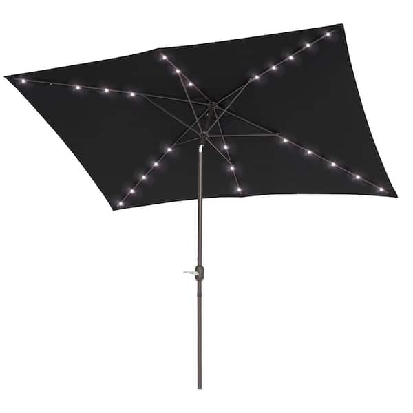 Solar LED 10 ft. x 6.5 ft. Aluminum Patio Rectangle Market Umbrella in Black with Push-Button Tilt