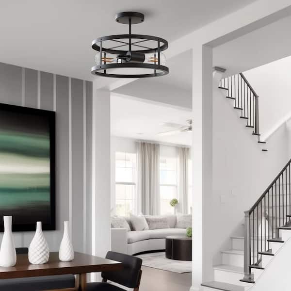 13 in. 2-Light Matte Black Drum Flush Mount Lighting Dimmable Metal Ceiling Light Fixture for Living Rooms