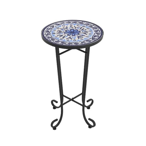 Black Frame Round Blue Ceramic Tile Top Outdoor Side Table with Powder-Coated Steel Frame and Weather-Resistant Finish