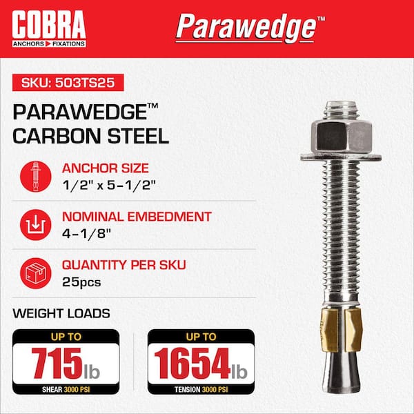 Parawedge 1/2 in. x 5-1/2 in. Steel Concrete Wedge  Anchor Hex Nut  (25-Pack)
