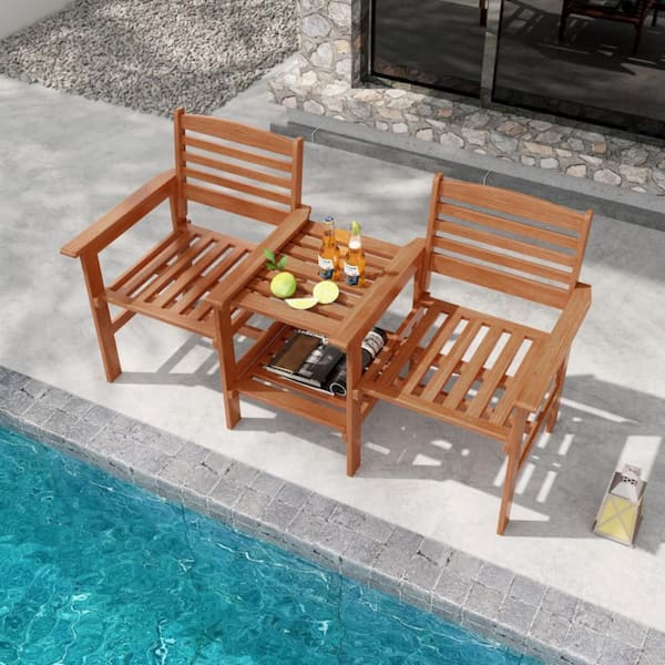 3-Piece Wood Outdoor Patio 2-Seat Conversation Set with Coffee Table and Umbrella Hole