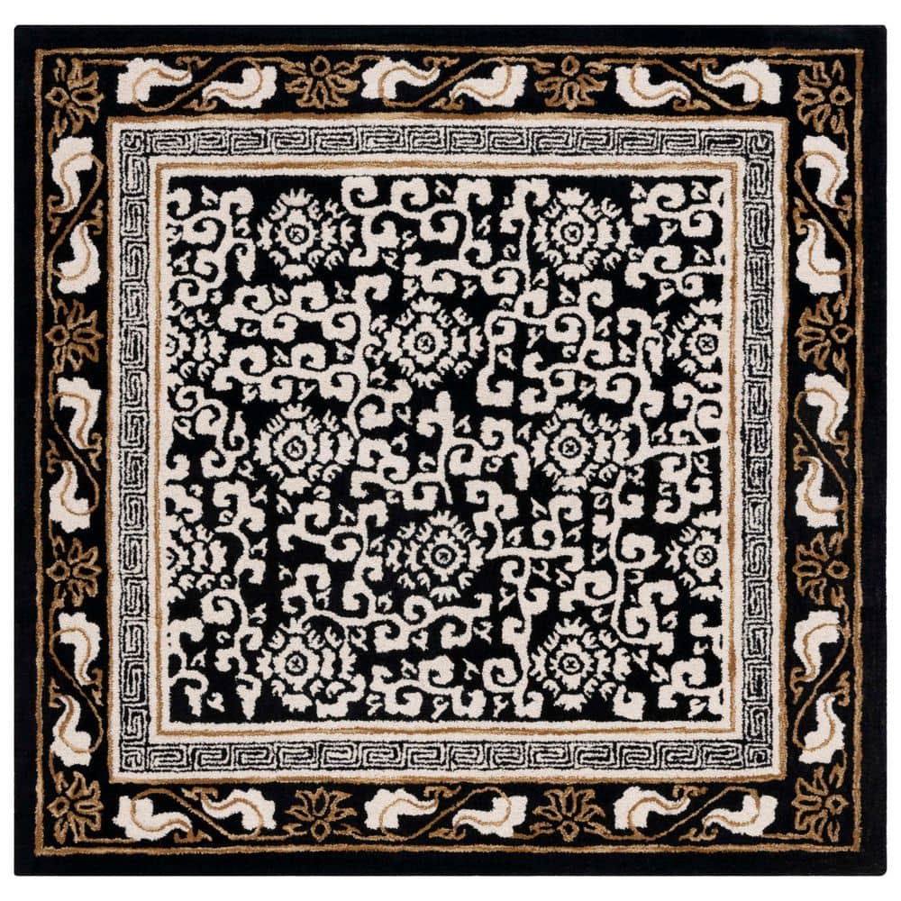 Antiquity 6 ft. x 6 ft. Black/Ivory Paisley Border Square Area Rug