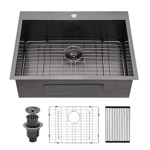 Gunmetal Black 16 Gauge Stainless Steel 28 in. Single Bowl Round Corner Drop-In Kitchen Sink with Strainer