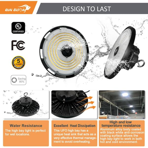RUN BISON 4-Pack 12.6 in. Integrated UFO LED High Bay Light Fixture LED Commercial lighting, up to 36000 Lumen, 0-10V Dimmable