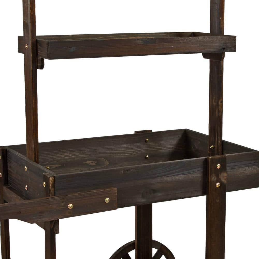 Charred Fir Wood 3-Tier Wheeled Flower Cart Display Stand