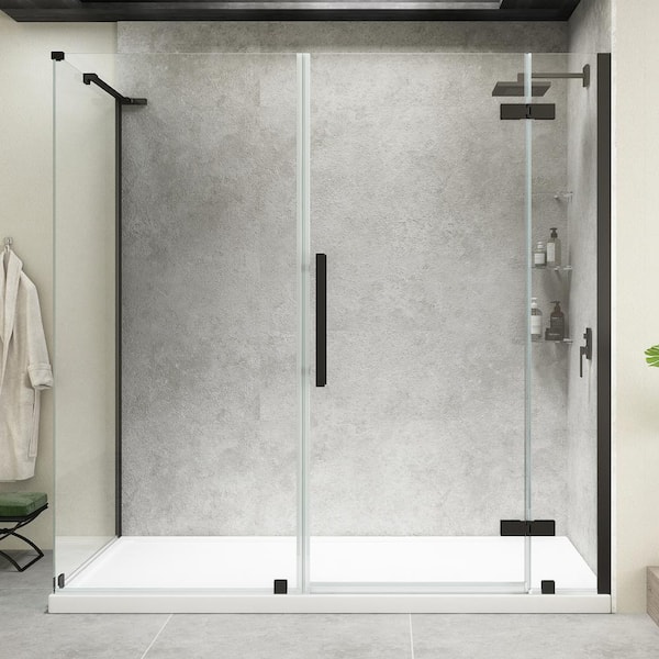 OVE Decors Tampa 72 in. L x 36 in. W x 75 in. H Corner Shower Kit w/ Pivot Frameless Shower Door in Black w/Shelves and Shower Pan