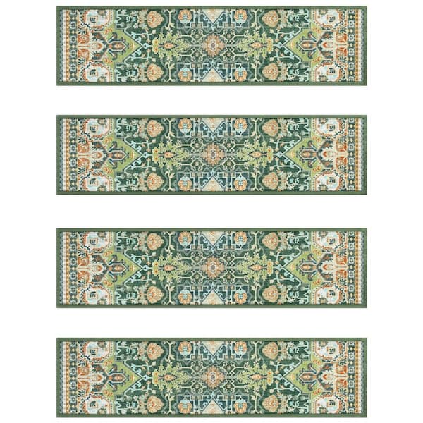 Green 8 in. x 30 in. Polyester Boho Stair Tread Cover Non Slip (Set of 15)