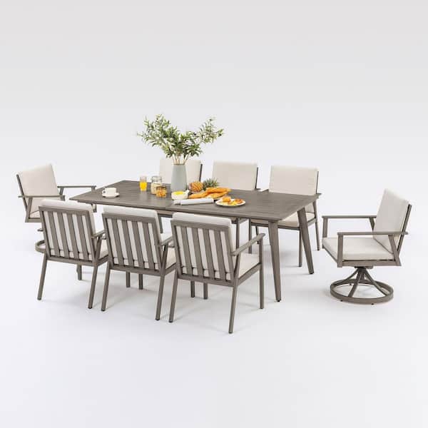 Alulux Gray 9-Piece Aluminum Outdoor Dining Set with Rectangular Table and Beige Cushions