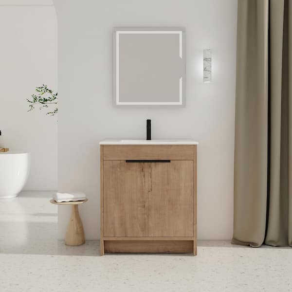 Unbranded 30 in. W Freestanding Single Sink Bath Vanity in Imitative Oak with White Ceramic Top