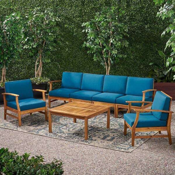 Noble House Giancarlo Teak 7 Piece Wood Patio Sofa And Club Chair Conversation Set With Blue Cushions 39719 Noble House Giancarlo Teak 7 Piece Wood, Teak Wood Outdoor Sofa Set