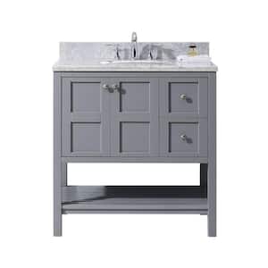Winterfell 36 in. W Bath Vanity in Gray with Marble Vanity Top in White with Round Basin