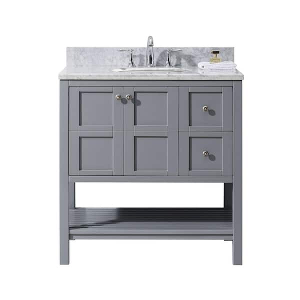 Virtu USA Winterfell 36 in. W Bath Vanity in Gray with Marble Vanity Top in White with Round Basin