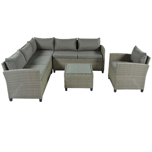Tunearary 5-Piece Gray Wicker Outdoor Conversation Sectional Furniture Set with Coffee Table and Gray Cushions