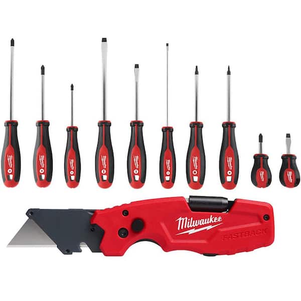Milwaukee Screwdriver Set with FASTBACK 6-in-1 Folding Utility Knife and General Purpose Blade (11-Piece)