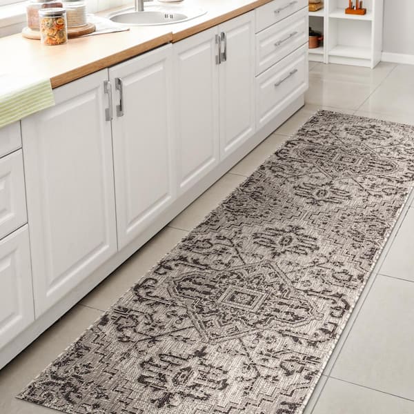 Black/Gray 2 ft. x 10 ft. Estrella Bohemian Medallion Textured Weave Indoor/Outdoor Runner Rug