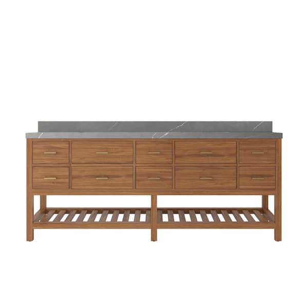 Willow Collections Parker Teak 84 in. W x 22 in. D x 36 in. H Double Sink Bath Vanity in Golden Teak with 2" Piatra Gray Quartz Regular Top