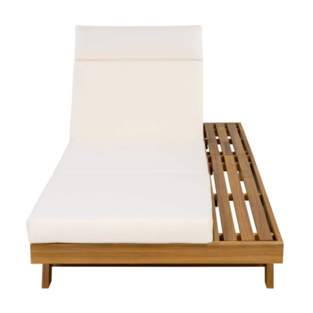 Brown 1-Piece Acacia Wood Outdoor Patio Chaise Lounge with White Cushions