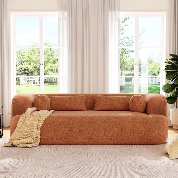 Polibi 86 in. Rolled Arm Chenille Sofa in Orange with Pillows and