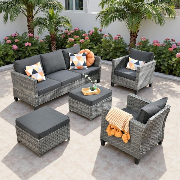 Camden 5-Piece Gray 3-Seat Wicker Patio Furniture Outdoor Patio Conversation Set with Black Cushion and Ottoman